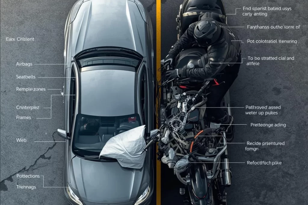 Image comparing safety features of a car vs. a motorcycle during a collision