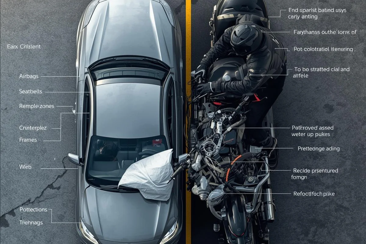 Image comparing safety features of a car vs. a motorcycle during a collision