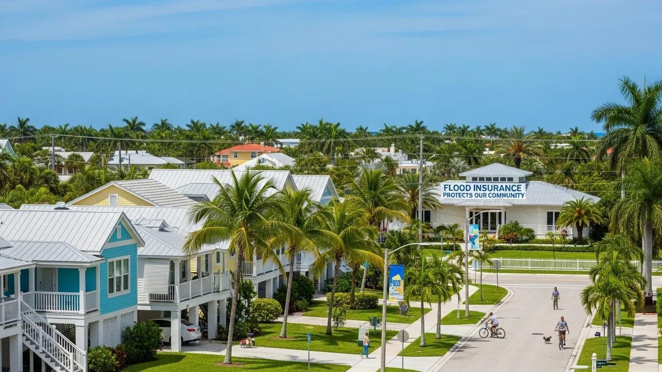 Coastal neighborhood with pastel houses, palm trees, and a flood insurance building in the background.