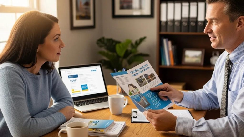 Office scene: man in a shirt and tie shows a blue flood-insurance brochure to a woman across a desk with a laptop and coffee mugs present.