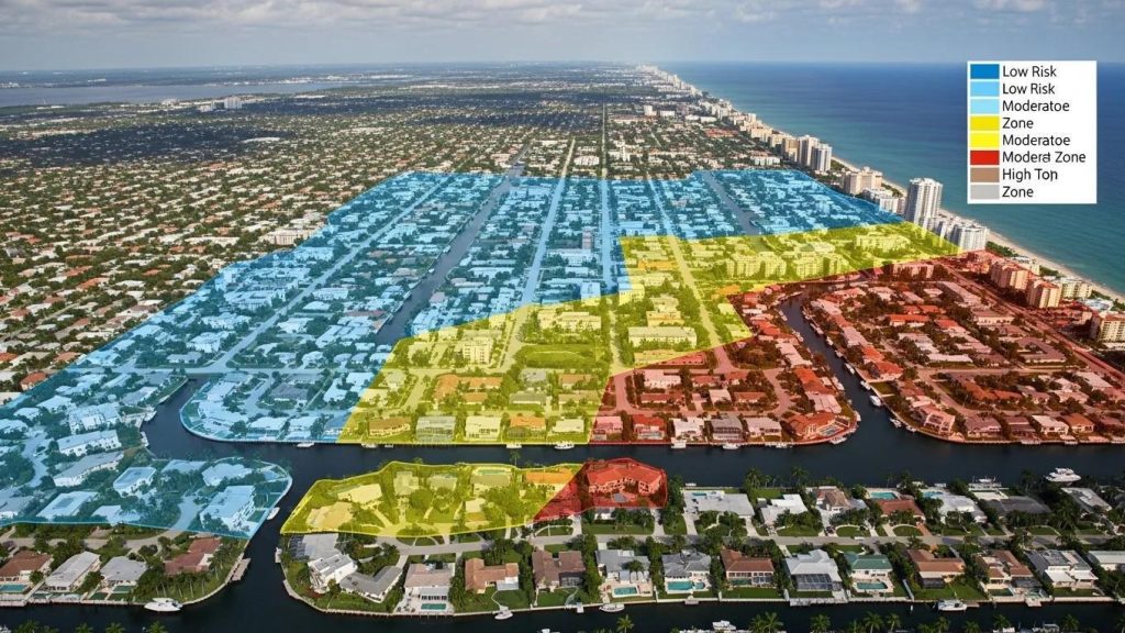 Aerial view of a coastal neighborhood with color-coded flood risk zones (blue = low, yellow = moderate, red = high) overlaid on streets and canals, legend in corner.