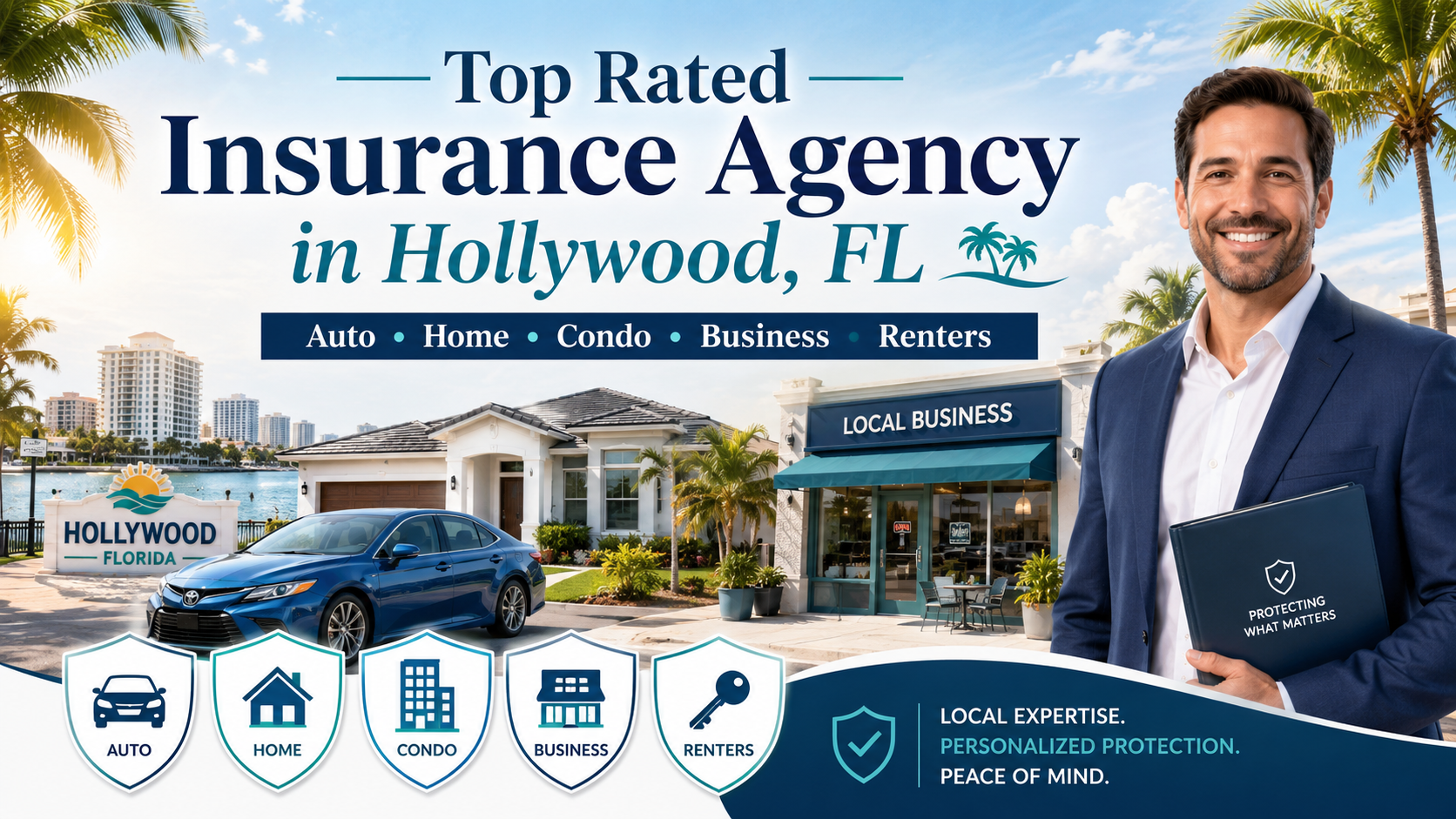 Featured image for a top rated insurance agency in Hollywood, FL showing a professional insurance advisor with a home, car, local business storefront, palm trees, and icons for auto, home, condo, business, and renters insurance.
